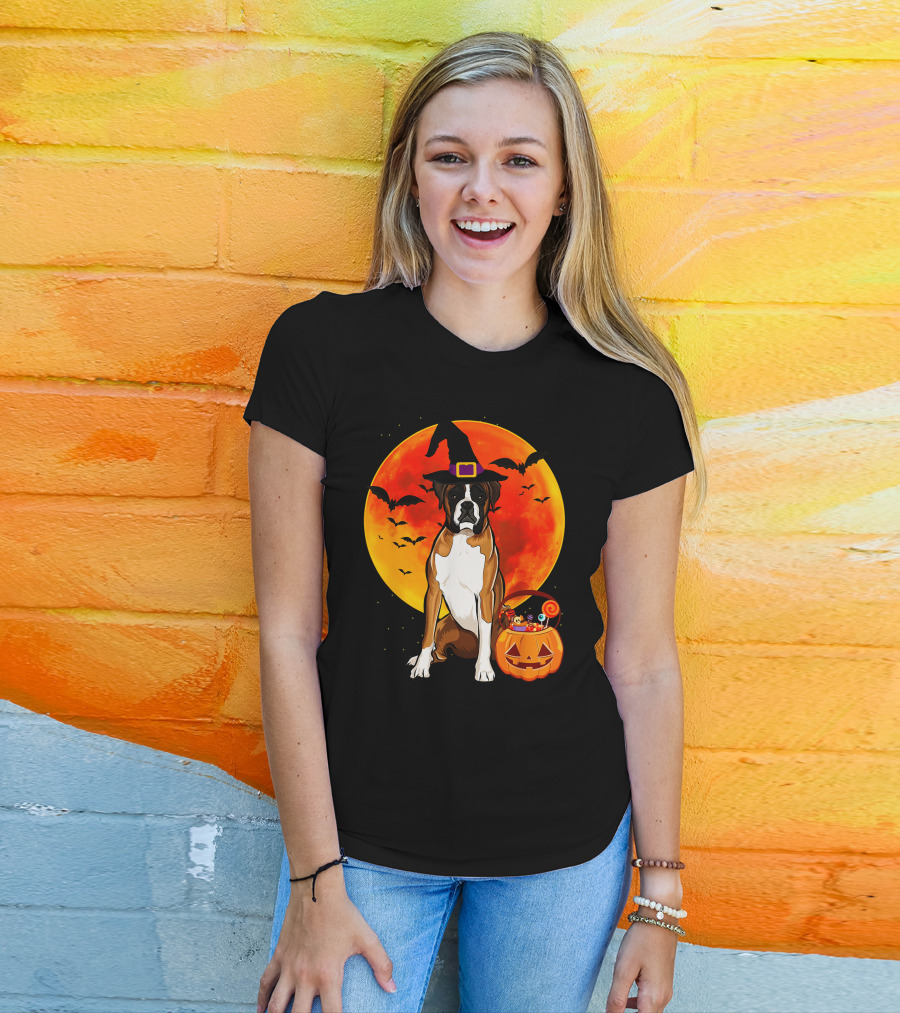 Boxer Dog With Witch Hat Pumpkin Full Moon Halloween Bats T-Shirt