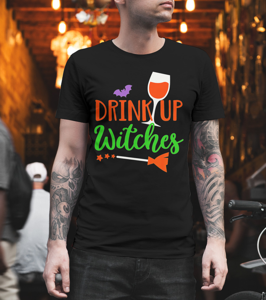 Drink Up Witches Halloween Vintage Family Wine Glass Broomstick Bat T-Shirt