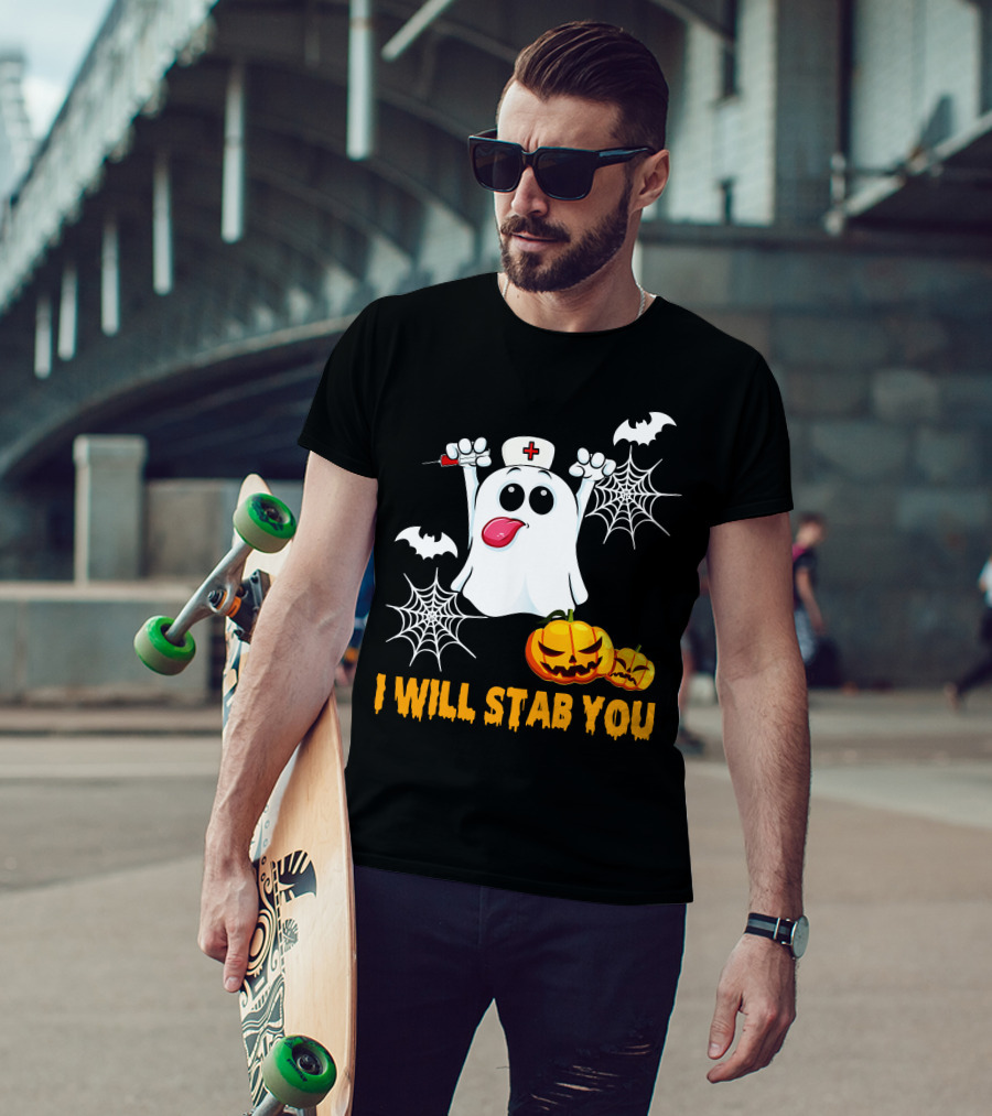 I Will Stab You Funny Nurse Ghost With Pumpkins And Bats T-Shirt
