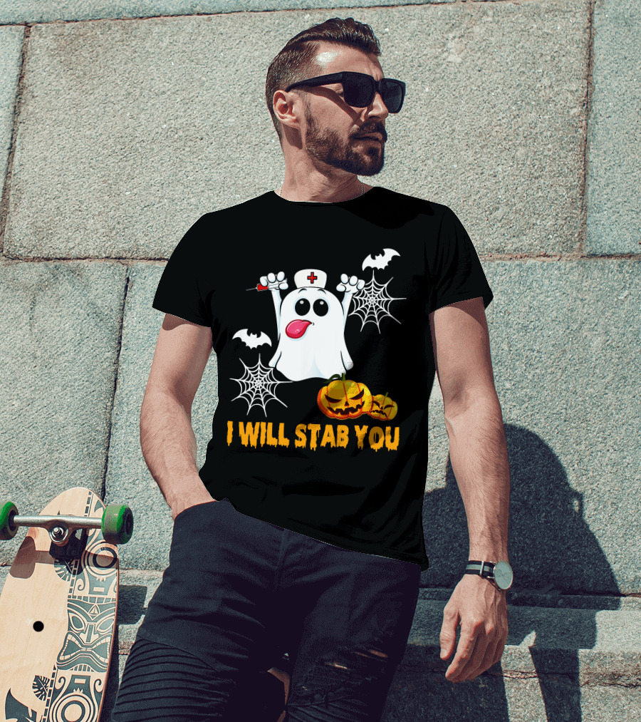 I Will Stab You Funny Nurse Ghost With Pumpkins And Bats T-Shirt