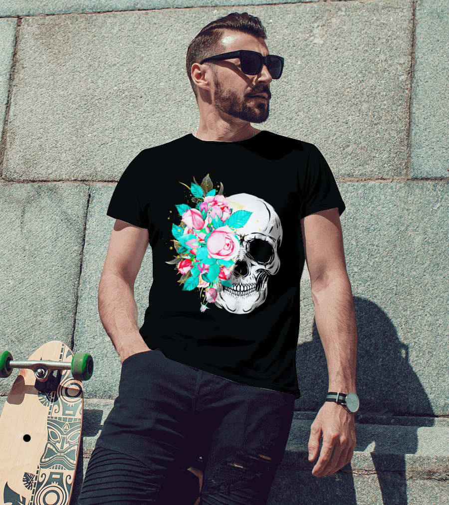 Flower Skull Floral Fusion With Vintage Rose Elements T-Shirt
