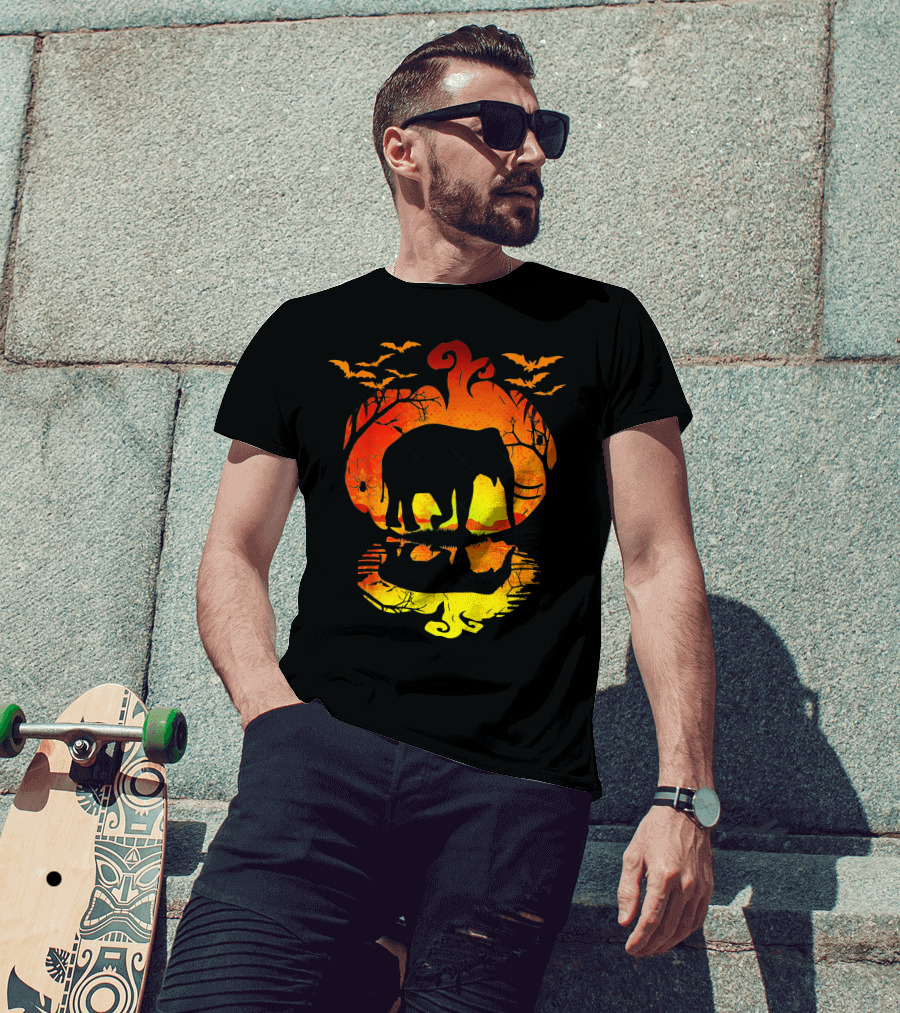 Elephant Silhouette Pumpkin Reflection With Bats And Trees T-Shirt