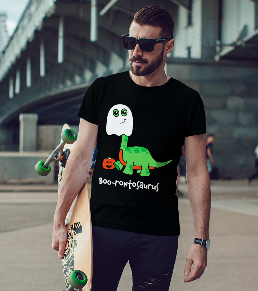 Boo-rontosaurus Ghost Dinosaur With Pumpkin Halloween Cute Funny Brontosaurus T-Shirt