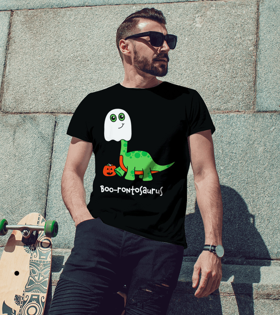 Boo-rontosaurus Ghost Dinosaur With Pumpkin Halloween Cute Funny Brontosaurus T-Shirt