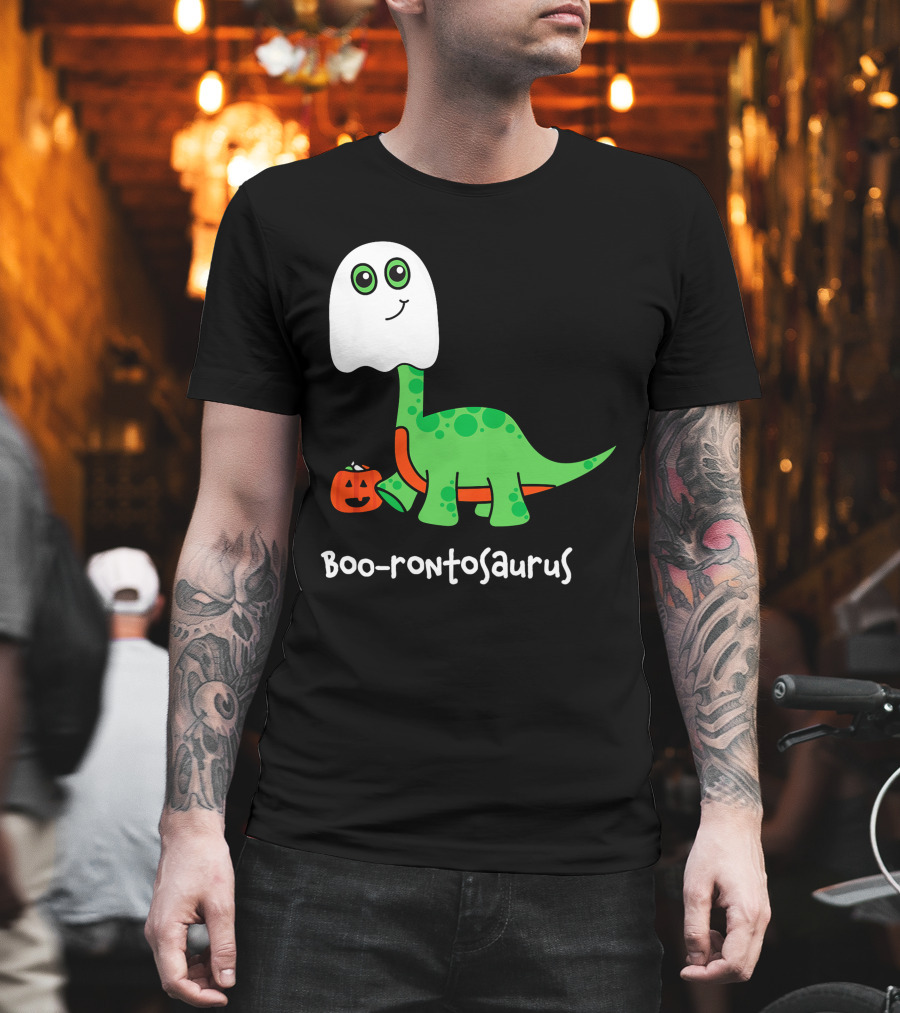 Boo-rontosaurus Ghost Dinosaur With Pumpkin Halloween Cute Funny Brontosaurus T-Shirt