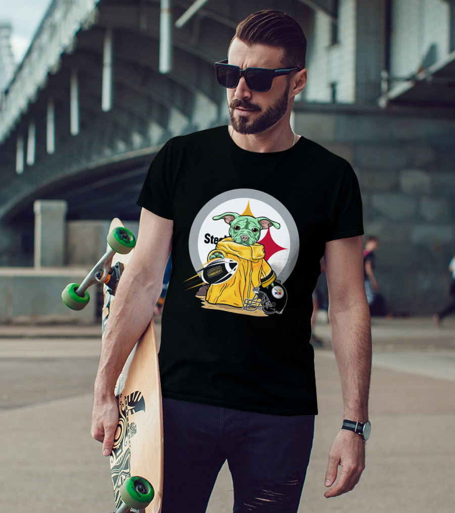 Pitbull Steelers Baby Holding Football With Steelers Logo And Helmet T-Shirt