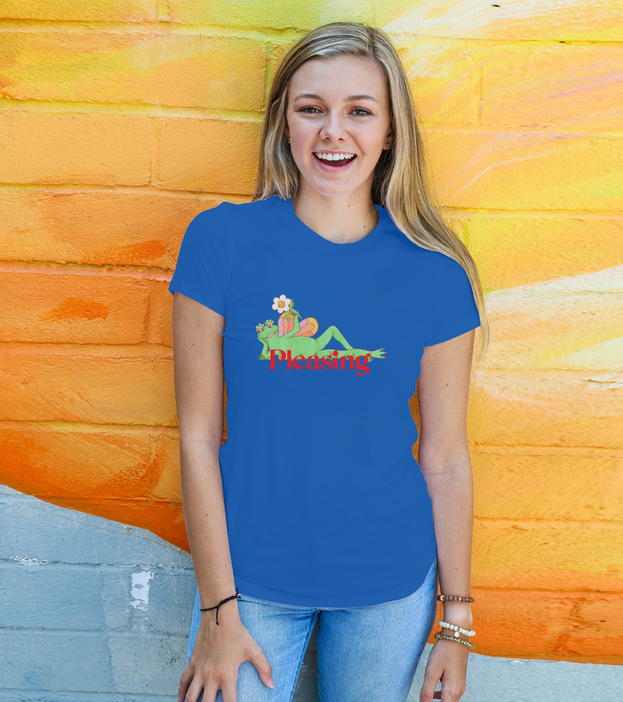 Pleasing Frog With Flower On Sky Blue Crewneck T-Shirt