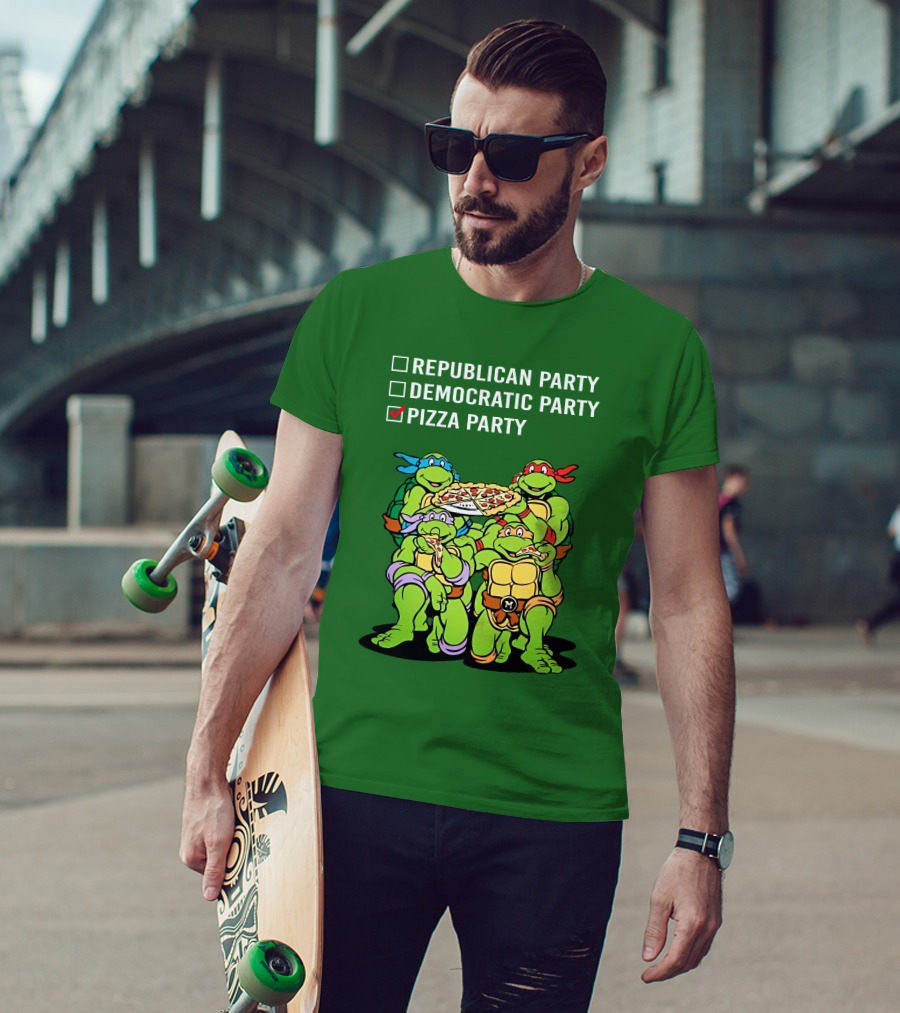Pizza Party Checkmark With Four Ninja Turtles Carrying Pizza Under Republican Party Democratic Party Options T-Shirt
