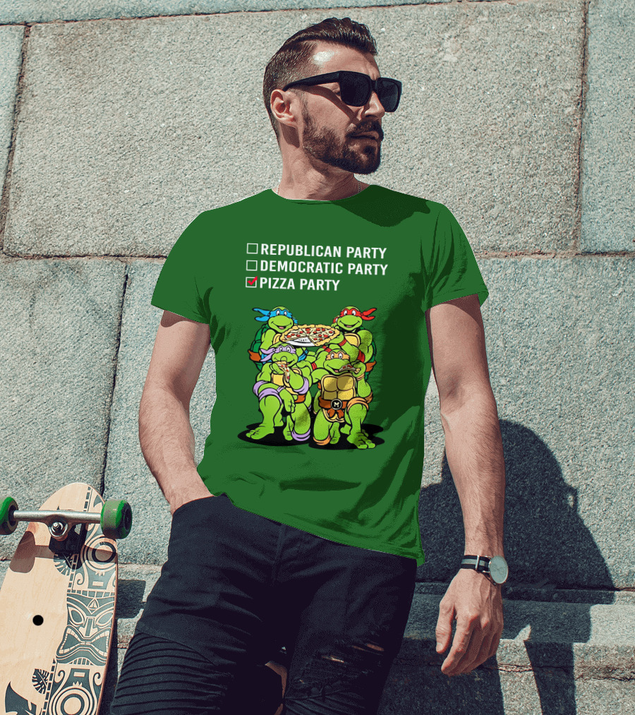 Pizza Party Checkmark With Four Ninja Turtles Carrying Pizza Under Republican Party Democratic Party Options T-Shirt