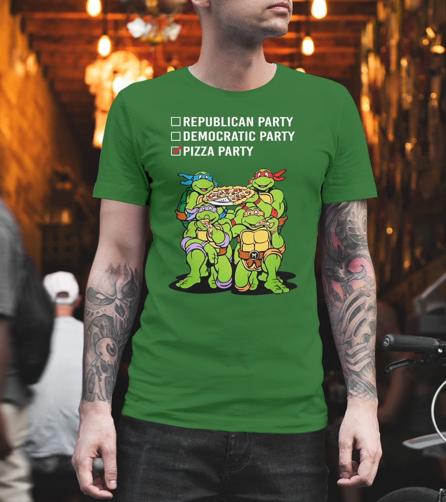 Pizza Party Checkmark with Four Ninja Turtles Carrying Pizza Under Republican Party Democratic Party Options T-Shirt
