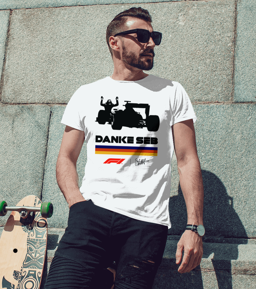 Formula 1 Danke Seb Vettel Silhouette With F1 Logo And Signature T-Shirt