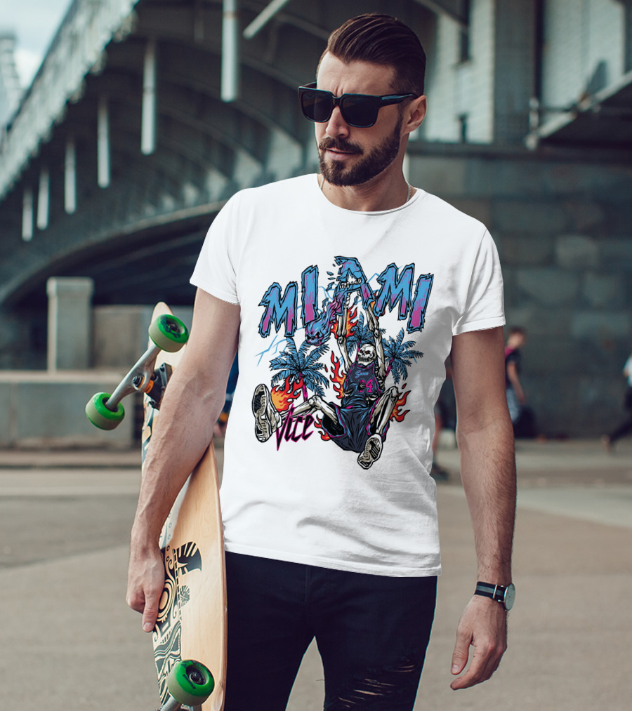 Sana Detroit Vice Miami Basketball Skeleton Dunking With Palm Trees And Flames T-Shirt