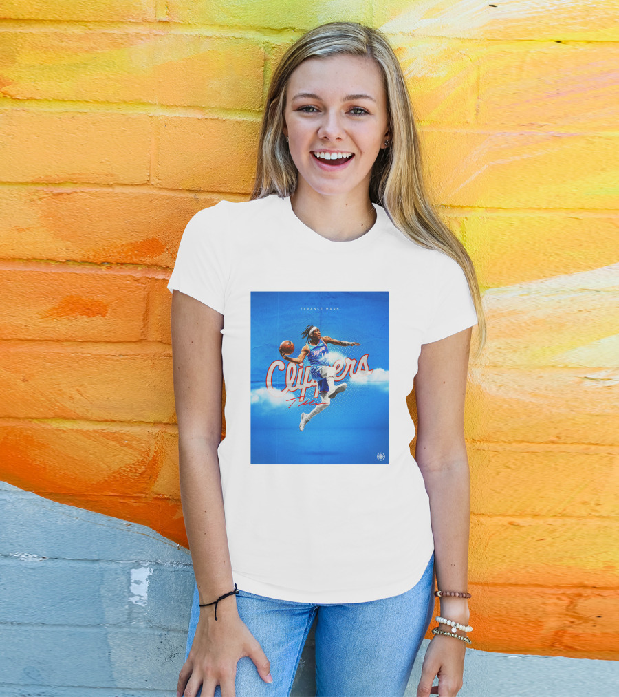 Terance Mann Clippers Basketball Motion Dribble Blue Clouds T-Shirt