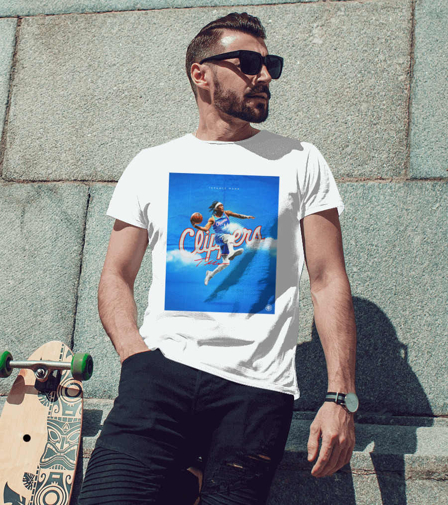 Terance Mann Clippers Basketball Motion Dribble Blue Clouds T-Shirt