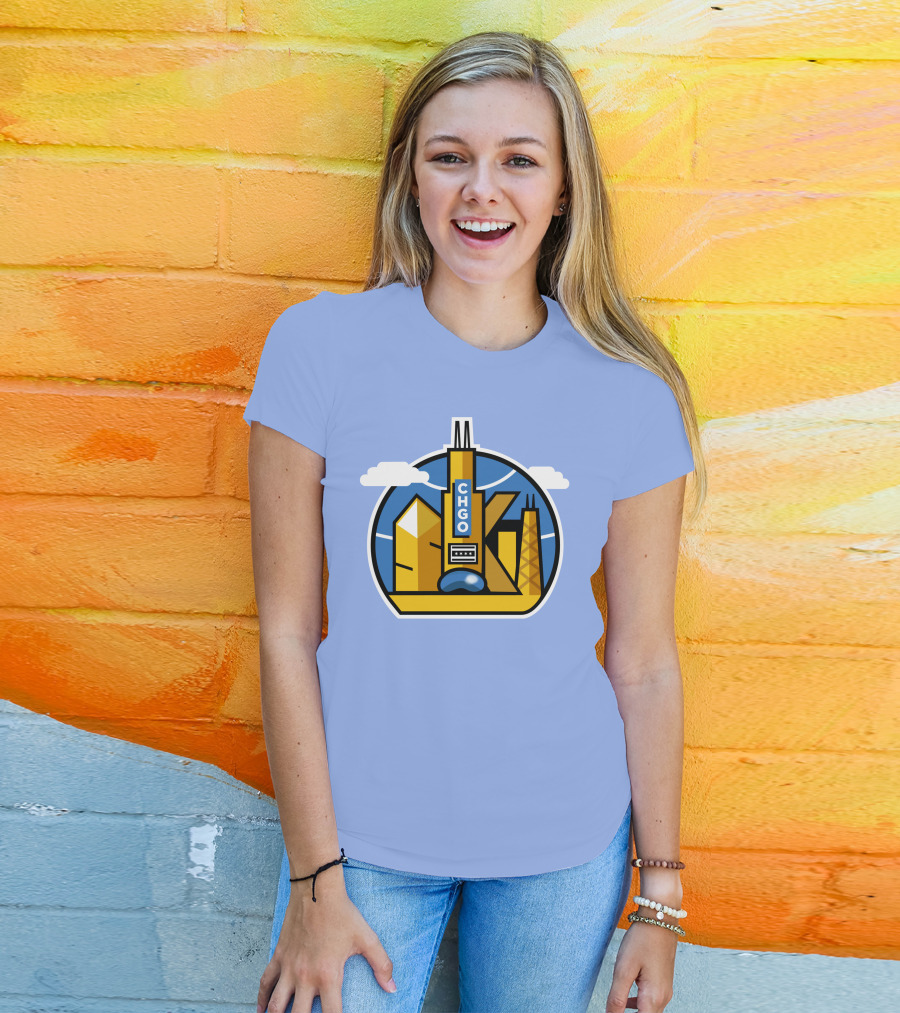 CHGO Skyline Blue Skies Sports Icon With Landmarks T-Shirt