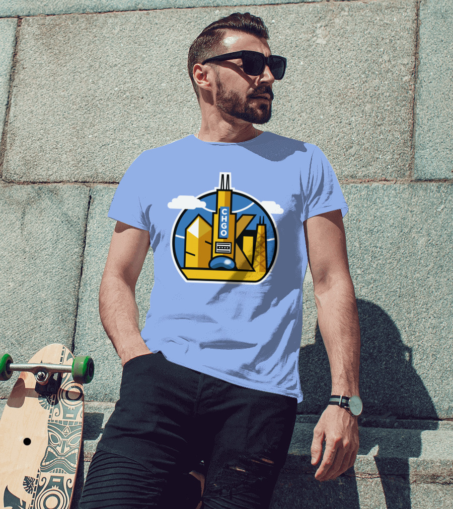 CHGO Skyline Blue Skies Sports Icon With Landmarks T-Shirt