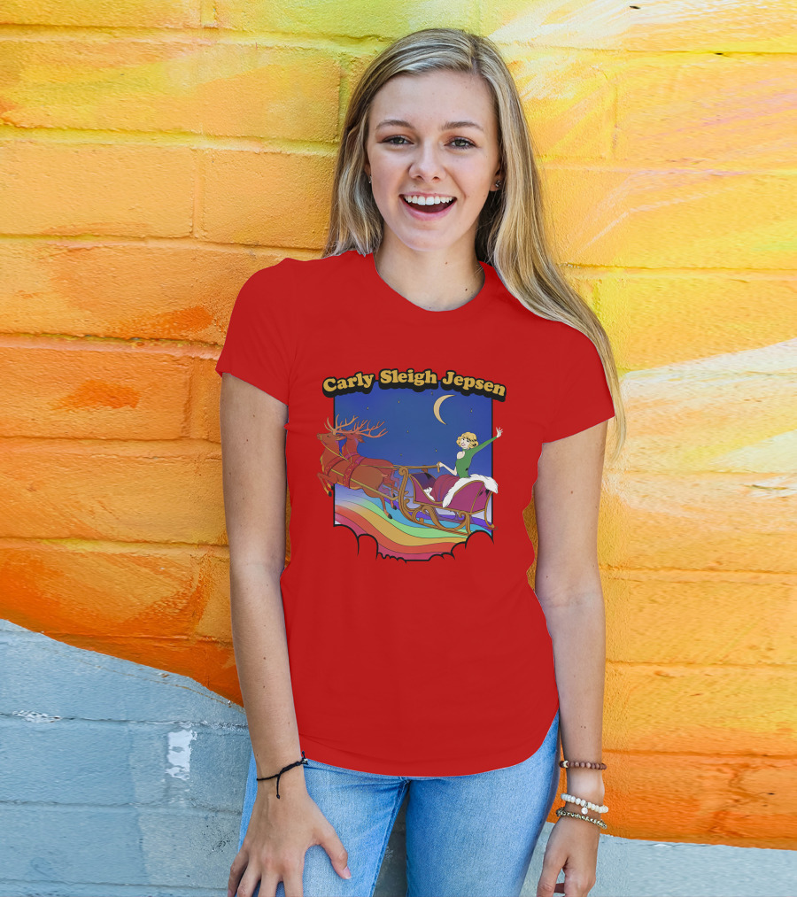 Carly Sleigh Jepsen Christmas Reindeer Sleigh Adventure Under Moonlit Sky T-Shirt