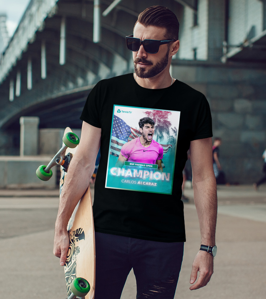 TennisTV BNP Paribas Open Champion Carlos Alcaraz American Flag Background T-Shirt