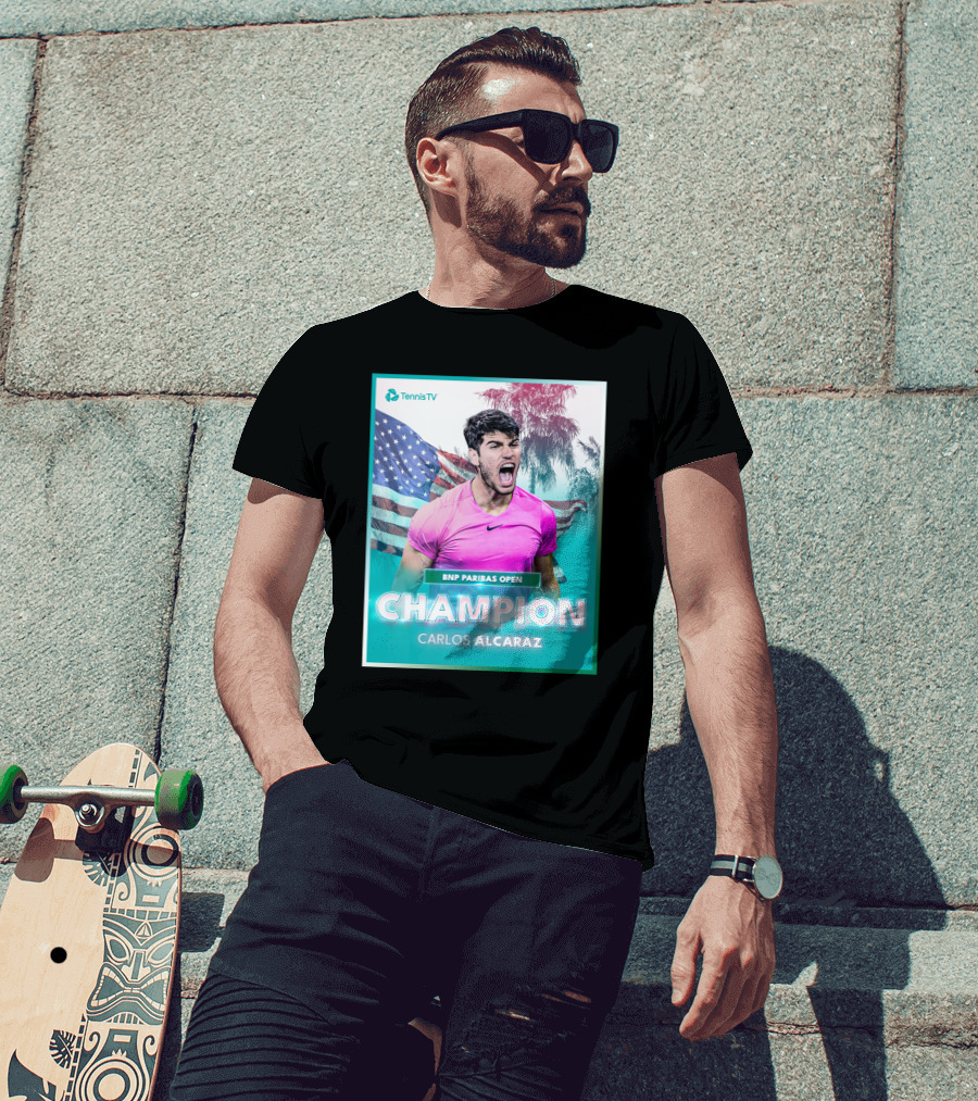 TennisTV BNP Paribas Open Champion Carlos Alcaraz American Flag Background T-Shirt