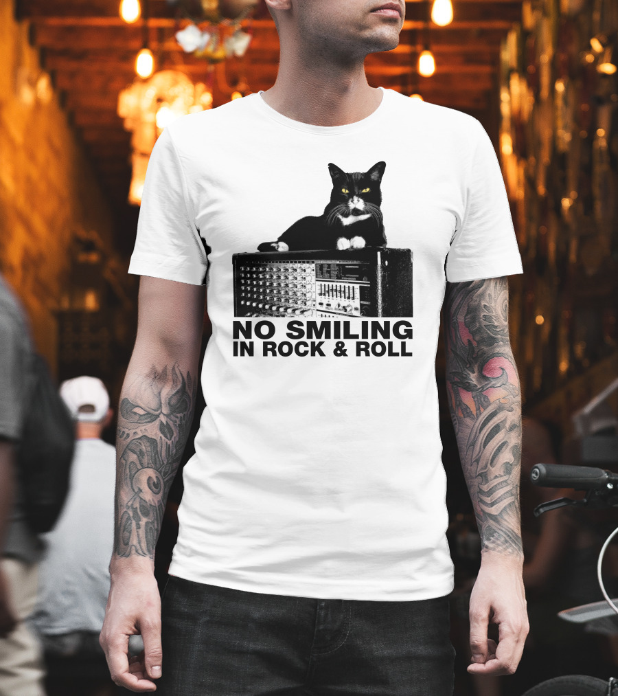 No Smiling In Rock And Roll Cat on Amplifier T-Shirt
