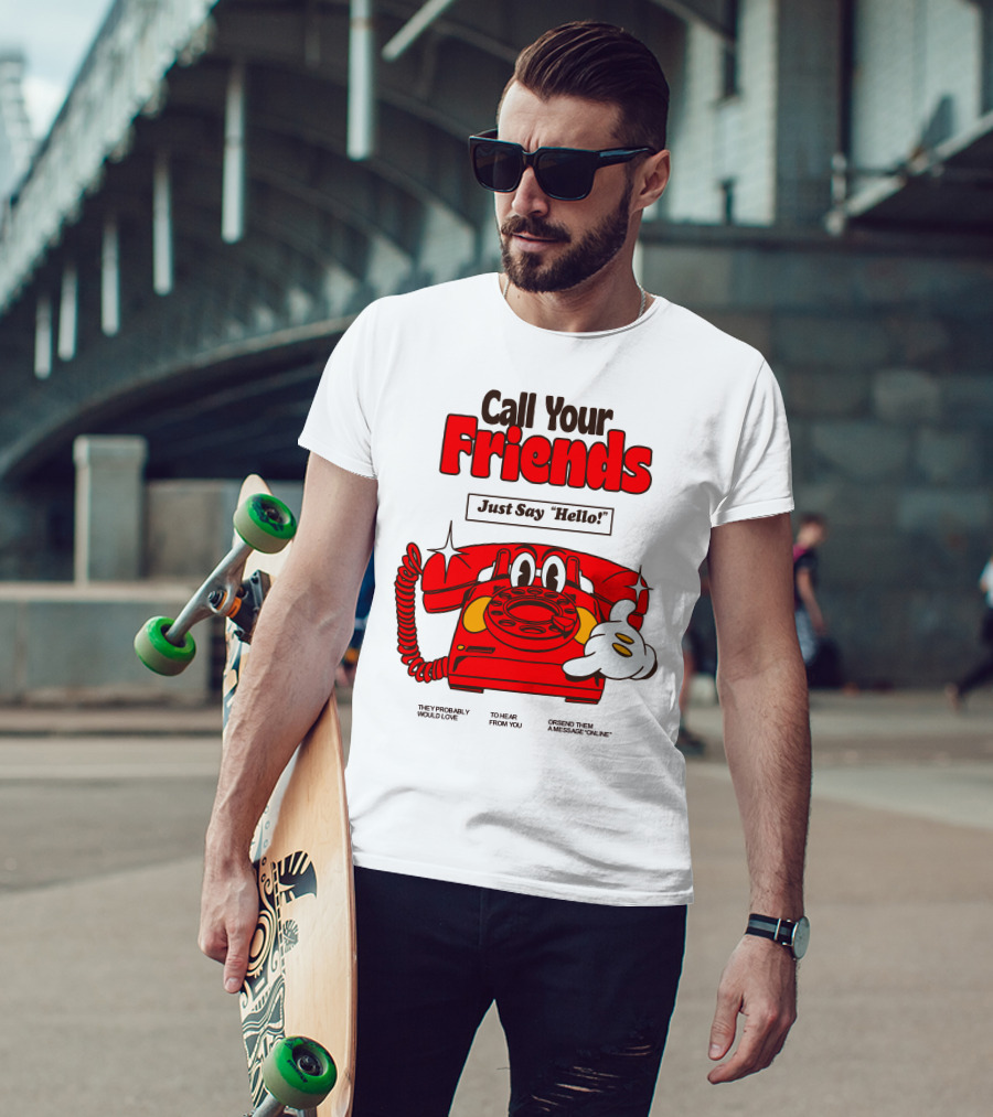 Call Your Friends Just Say Hello Retro Cartoon Telephone Message T-Shirt