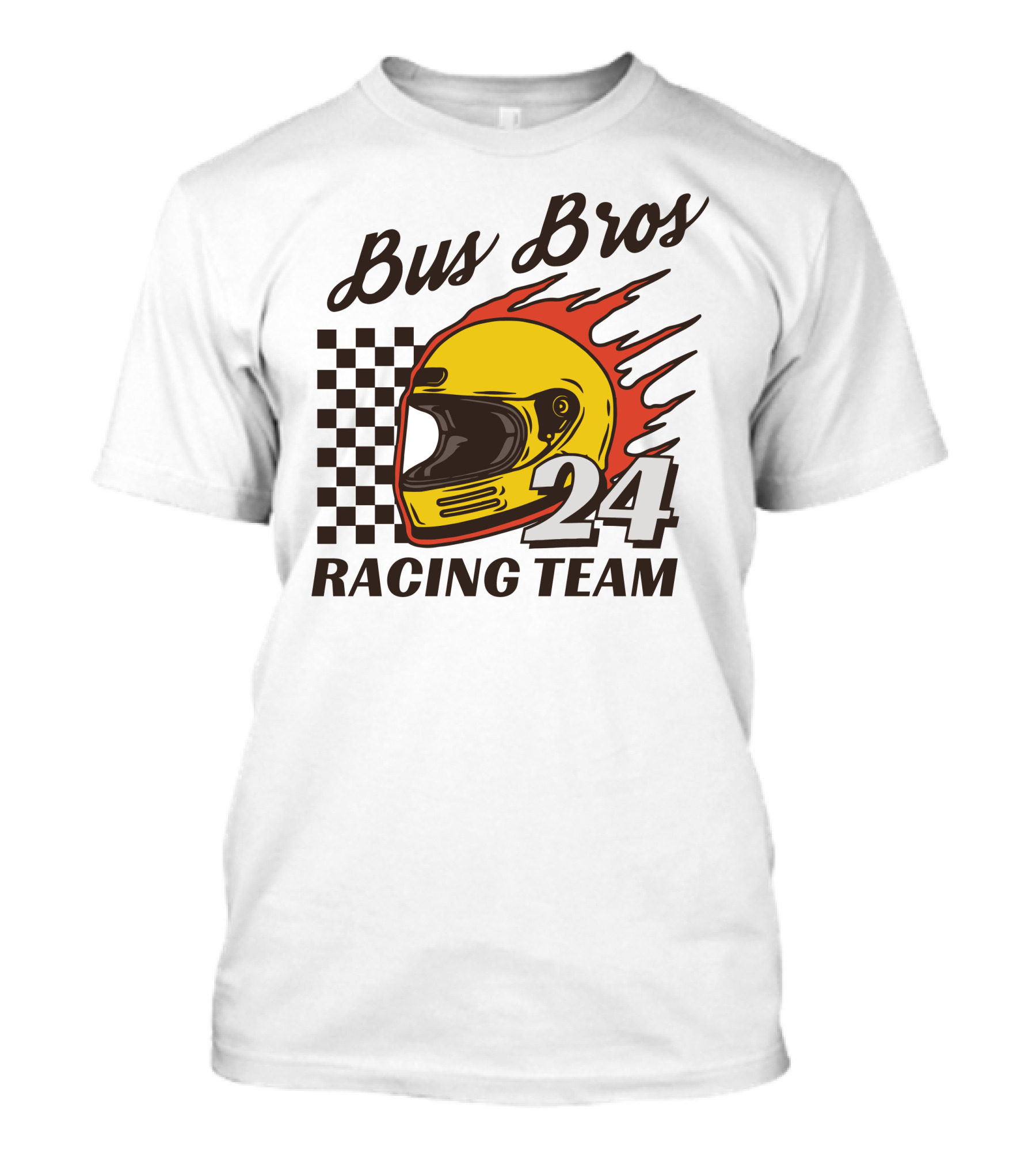 Bus Bros 24 Racing Team Helmet Flames Checkered Flag T-Shirt