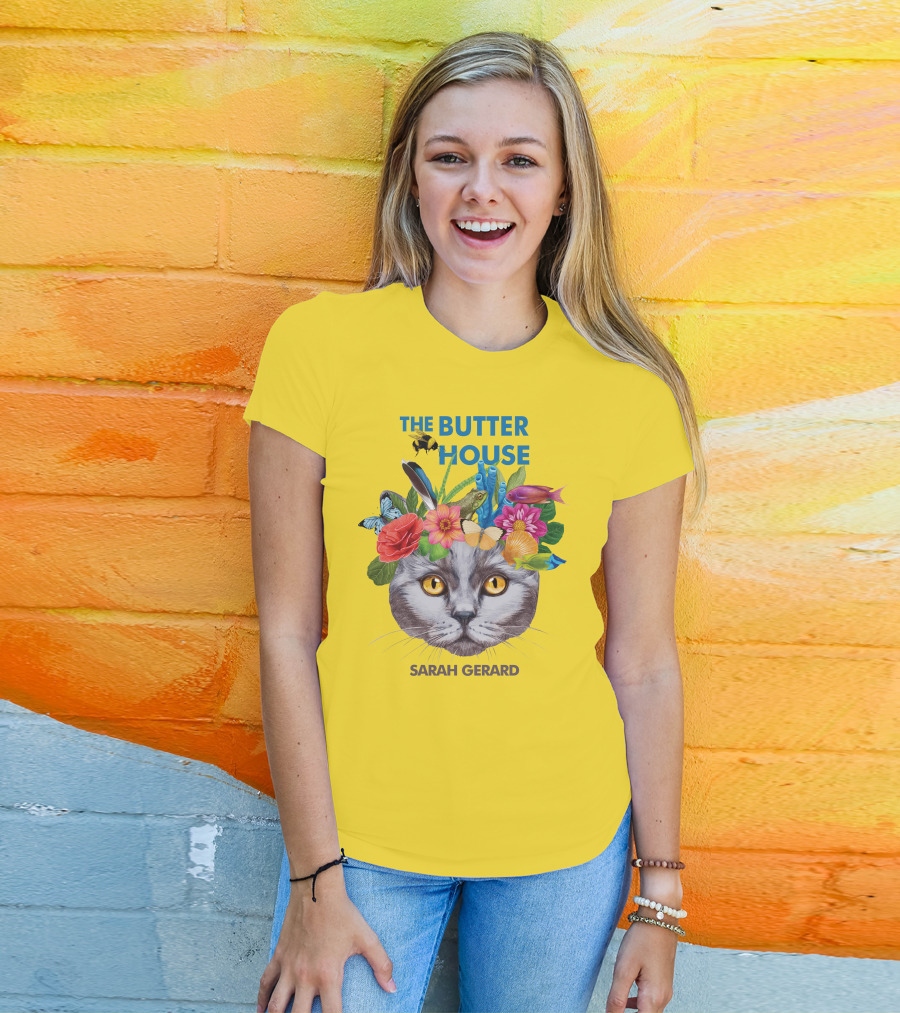 The Butter House Sarah Gerard Floral Cat With Butterflies And Fish On Yellow T-Shirt