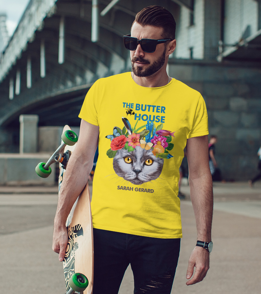 The Butter House Sarah Gerard Floral Cat With Butterflies And Fish On Yellow T-Shirt