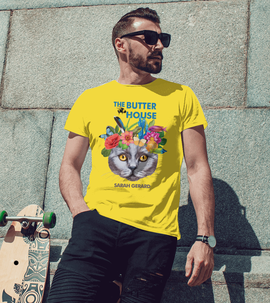 The Butter House Sarah Gerard Floral Cat With Butterflies And Fish On Yellow T-Shirt