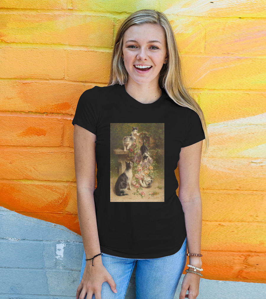 Cats And Flowers Playing On A Bench By Carl Reichert T-Shirt