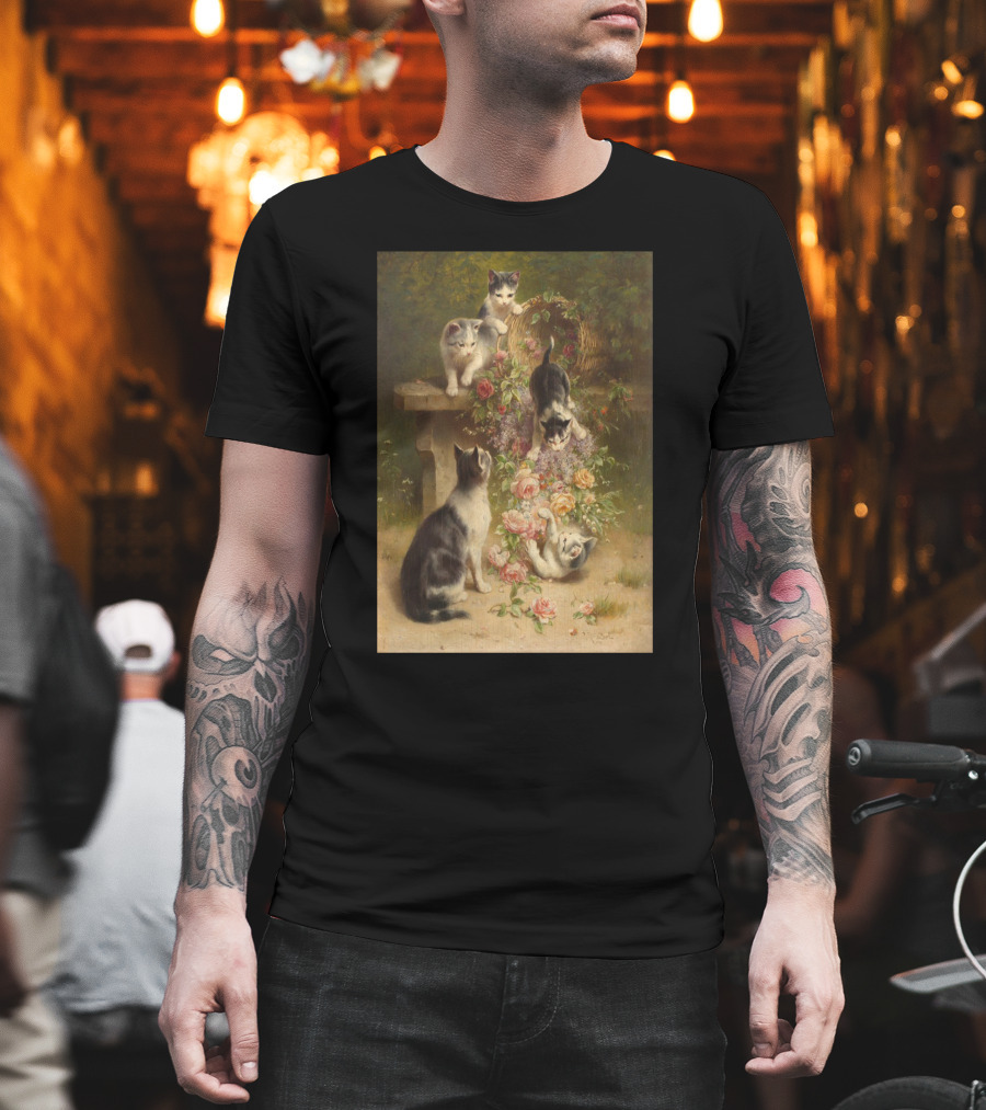 Cats and Flowers Playing on a Bench by Carl Reichert T-Shirt
