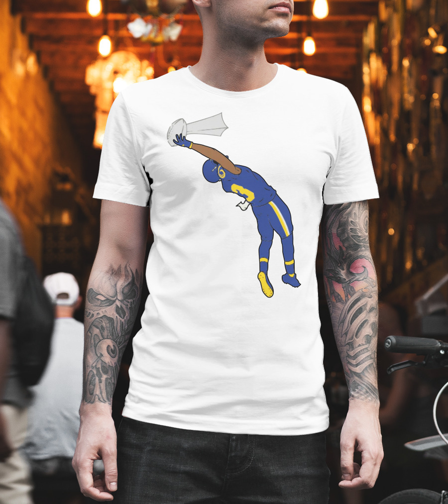 Trophy Catch Obj One-Handed Football Player Blue And Yellow Uniform T-Shirt