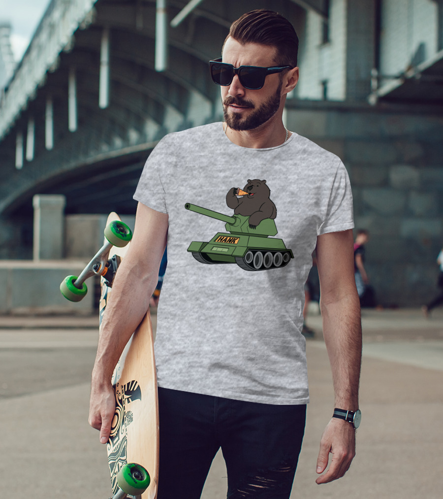 Bear Eating Pizza On A Tank With Hank Text T-Shirt