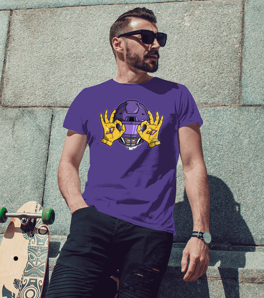 Kevin O’Connell Justin Jefferson Griddy JJ Celebration Viking Helmet Purple Yellow Hands T-Shirt