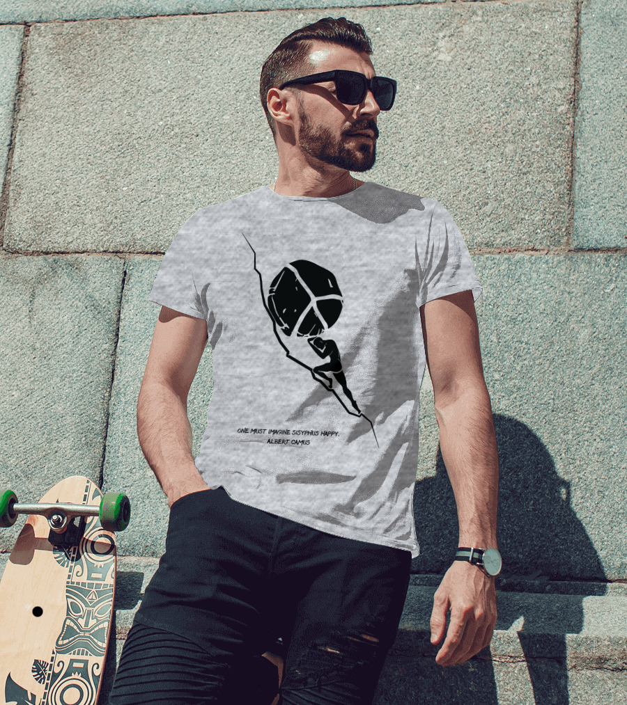 One Must Imagine Sisyphus Happy Albert Camus Illustration With Figure Pushing Boulder T-Shirt