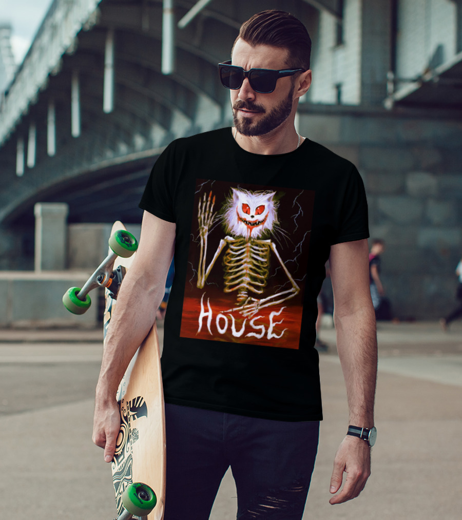 House Skeleton Cat Spirit With Lightning T-Shirt