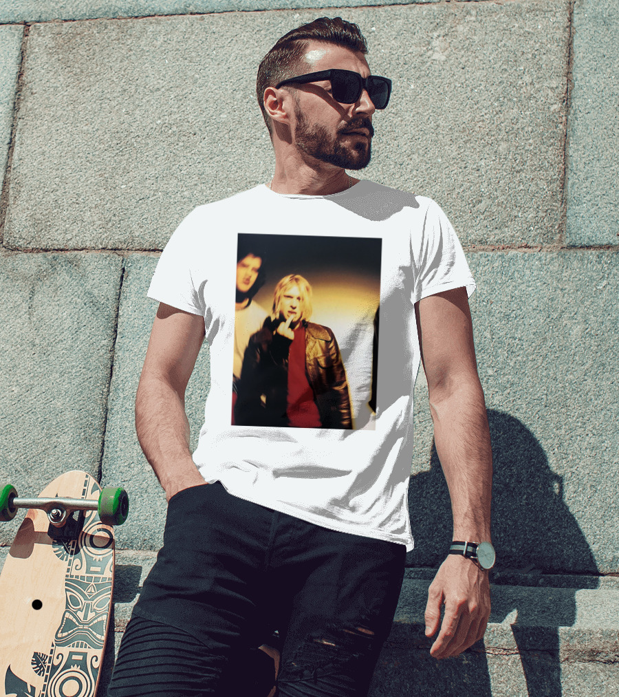 Kurt Cobain Leather Jacket Red Sweater Iconic Image T-Shirt