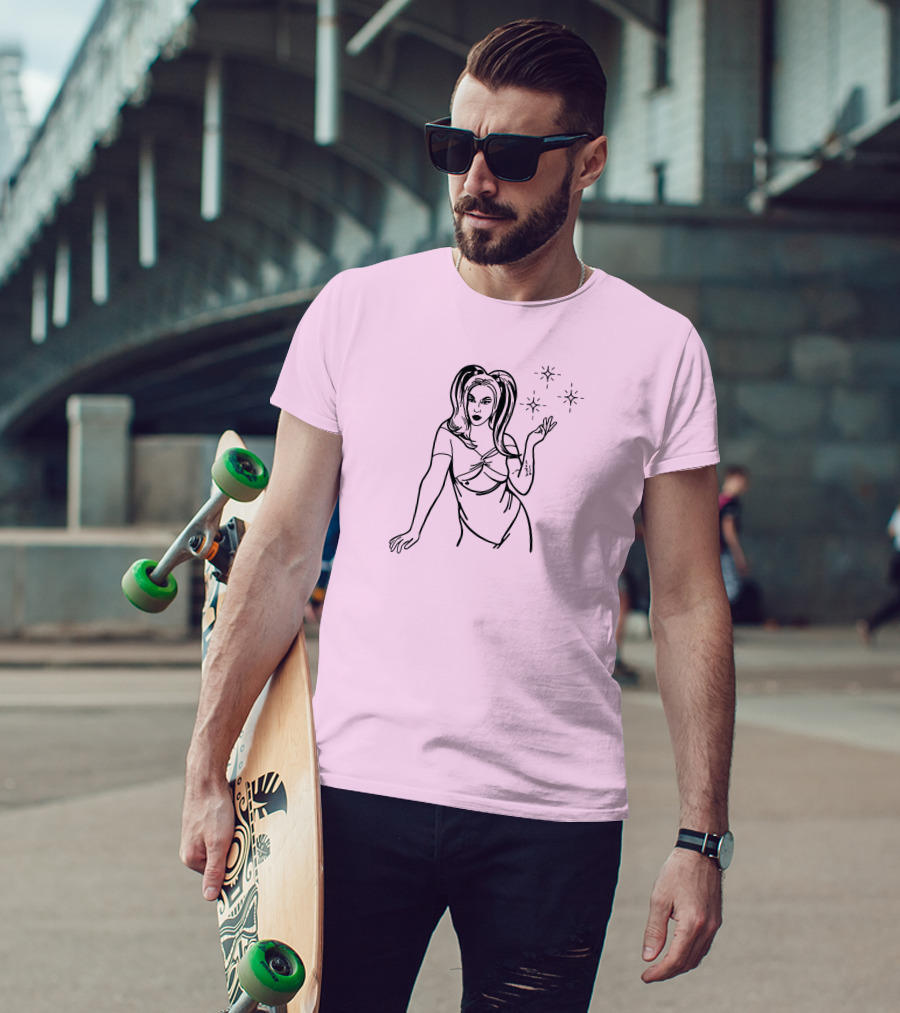 Chrissy Chlapecka Sketch With Stars On Pink Background T-Shirt