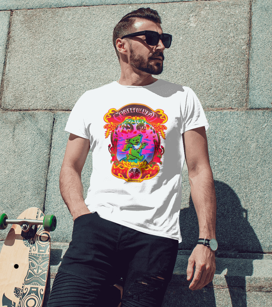 Grateful Dead X Plastered Psychedelic Bear Design With Skulls And Lightning T-Shirt