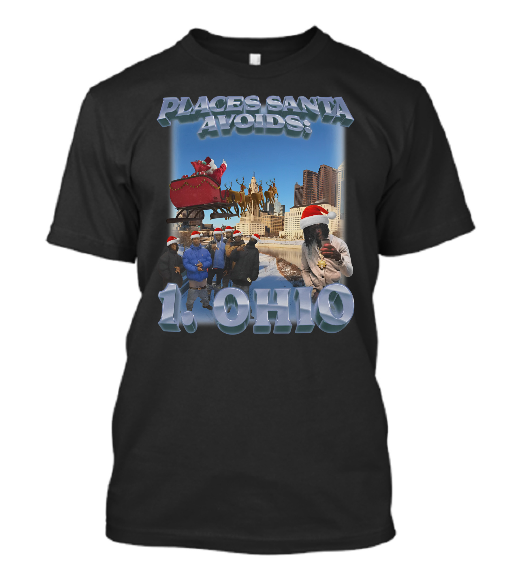 Places Santa Avoids 1 Ohio Santa's Sleigh Reindeer Columbus Skyline T-Shirt