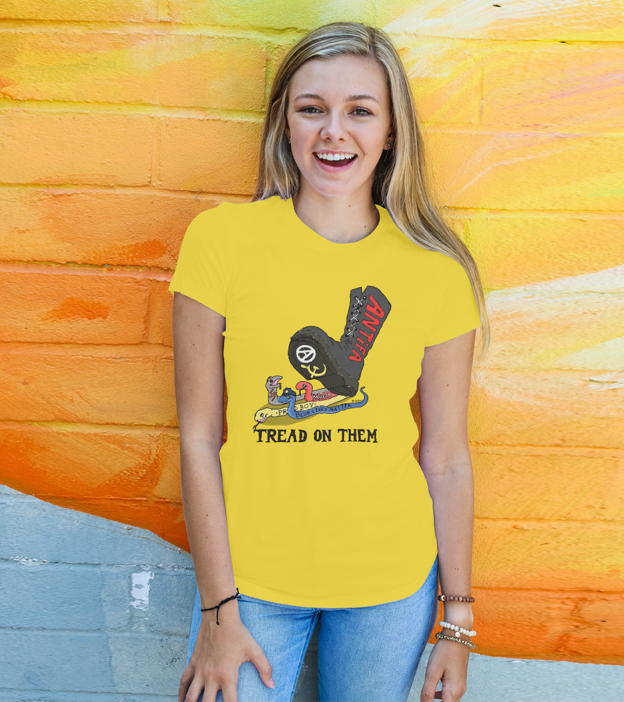 No Gods No Masters Antifa Boot Stomping Tread On Them MAGA Blue Lives Matter Proud Boy T-Shirt