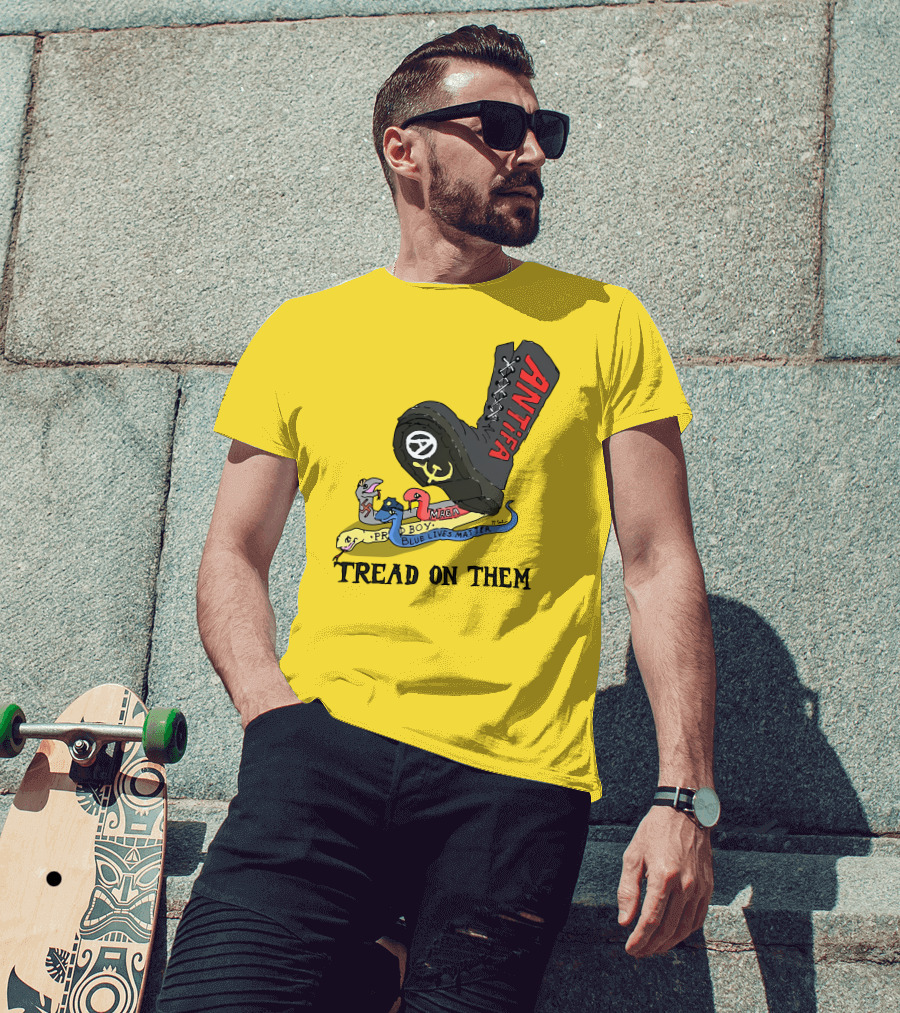 No Gods No Masters Antifa Boot Stomping Tread On Them MAGA Blue Lives Matter Proud Boy T-Shirt