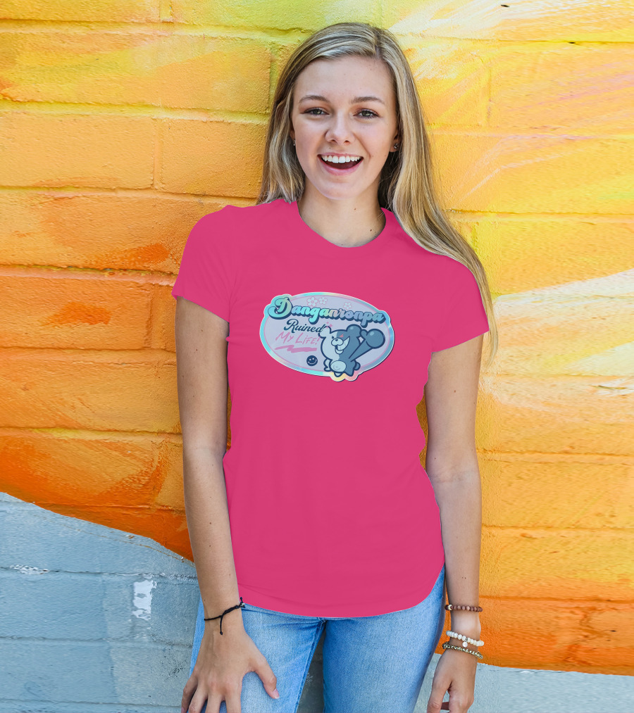 Danganronpa Ruined My Life Monokuma Smiley Pink Flowers T-Shirt