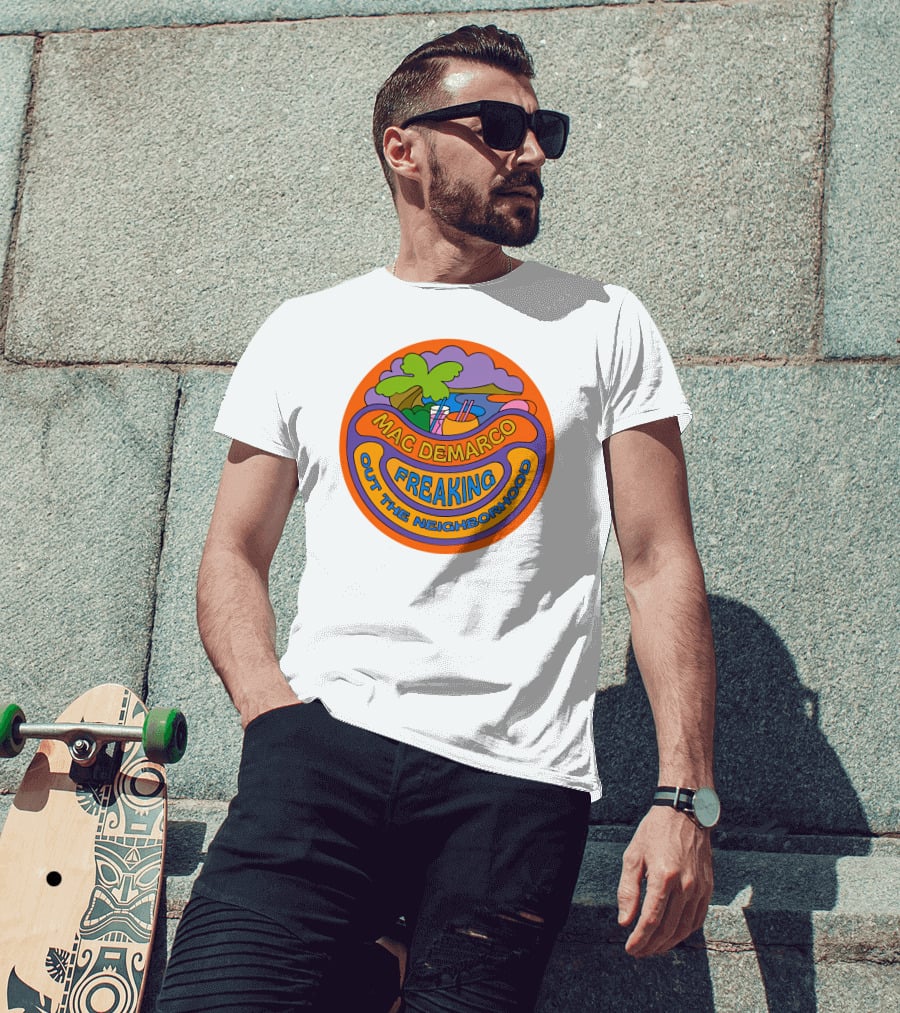 Mac Demarco Freaking Out The Neighborhood Colorful Retro Design With Beach And Palm Tree Elements T-Shirt