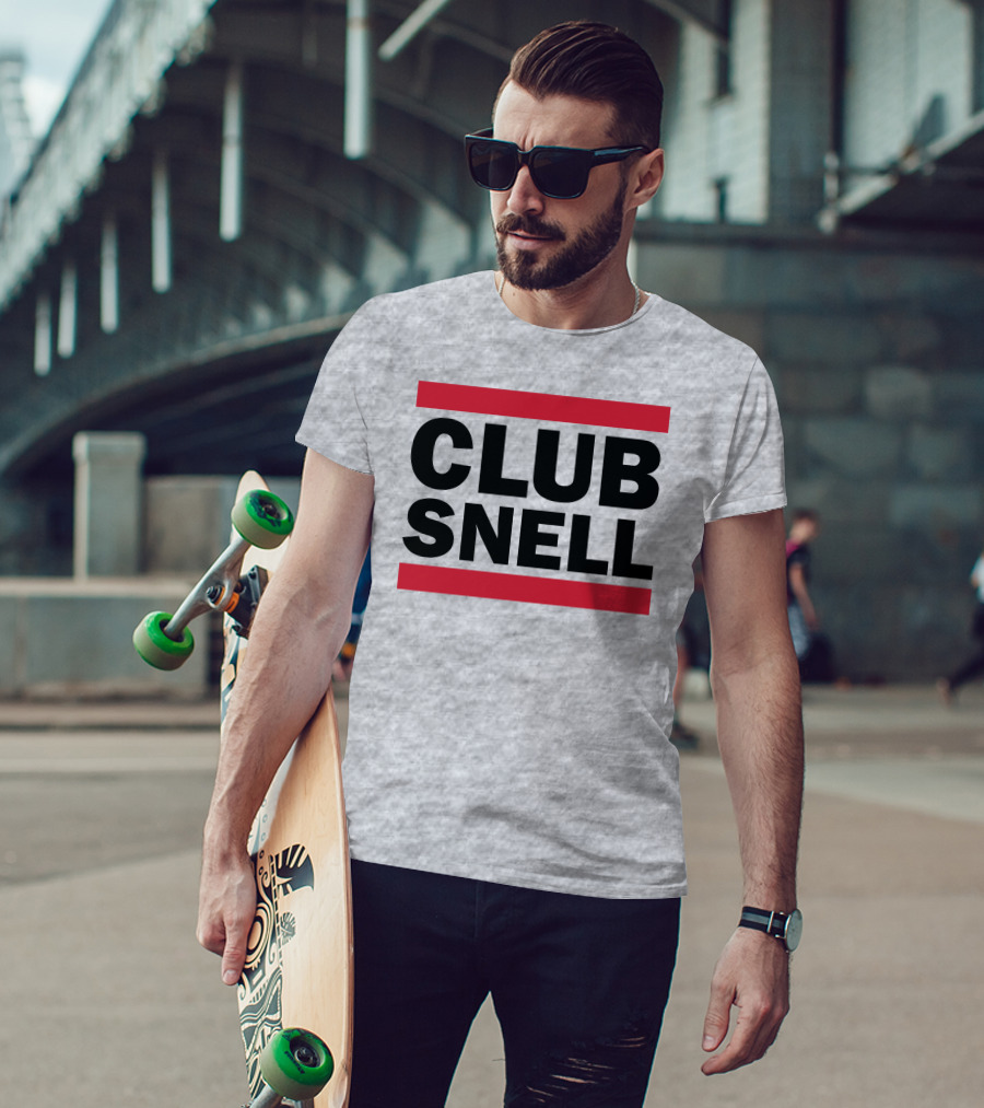 Club Snell Bold Black Text With Red Stripes On Gray Background T-Shirt