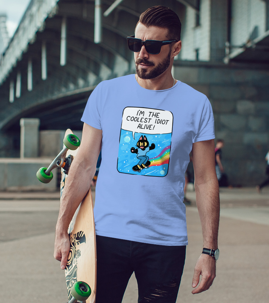 I'm The Coolest Idiot Alive Cat Riding Rainbow Skateboard T-Shirt