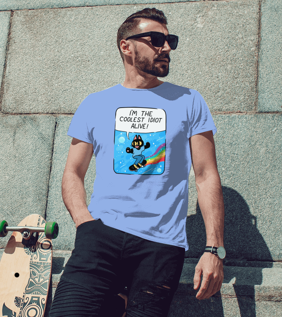 Mollyjohnt I'm The Coolest Idiot Alive Skateboarding Cat With Rainbow Trail T-Shirt