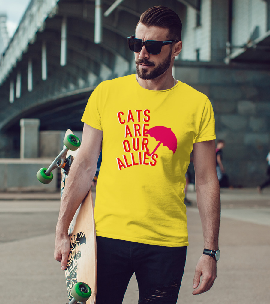 Jortsthecat Cats Are Our Allies Red Umbrella Yellow Background T-Shirt