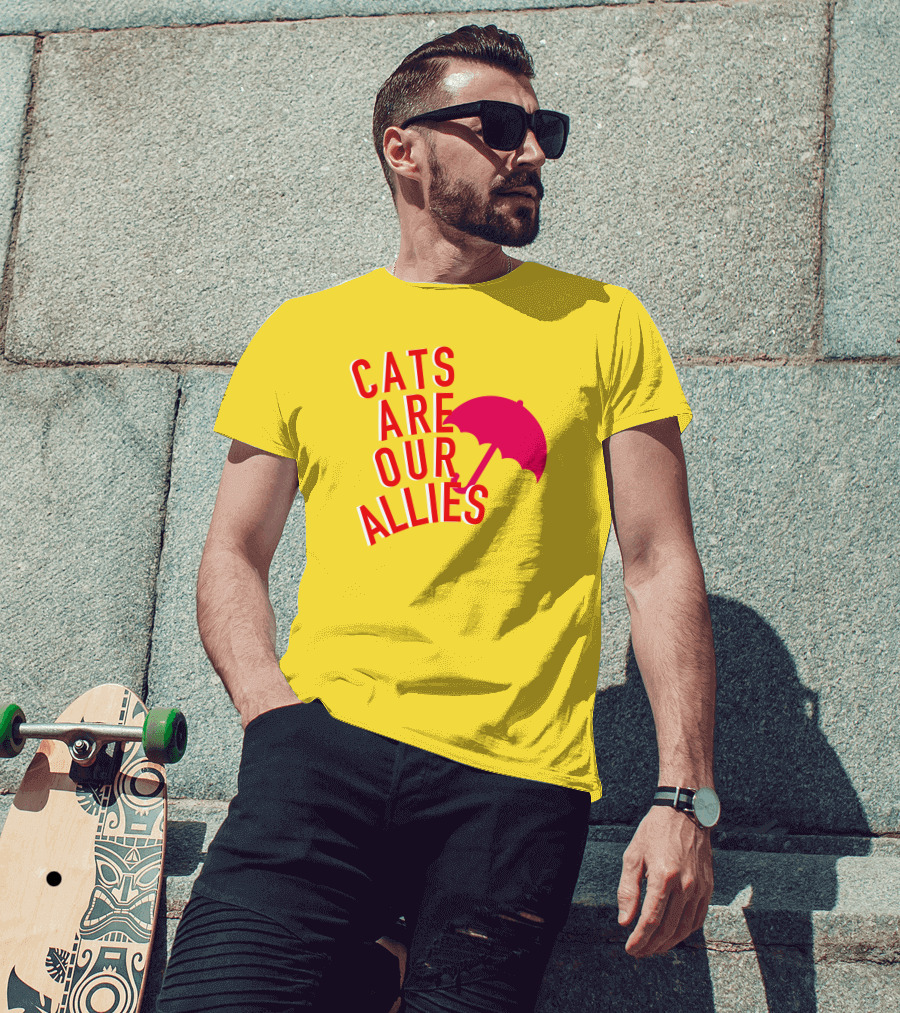 Jortsthecat Cats Are Our Allies Red Umbrella Yellow Background T-Shirt