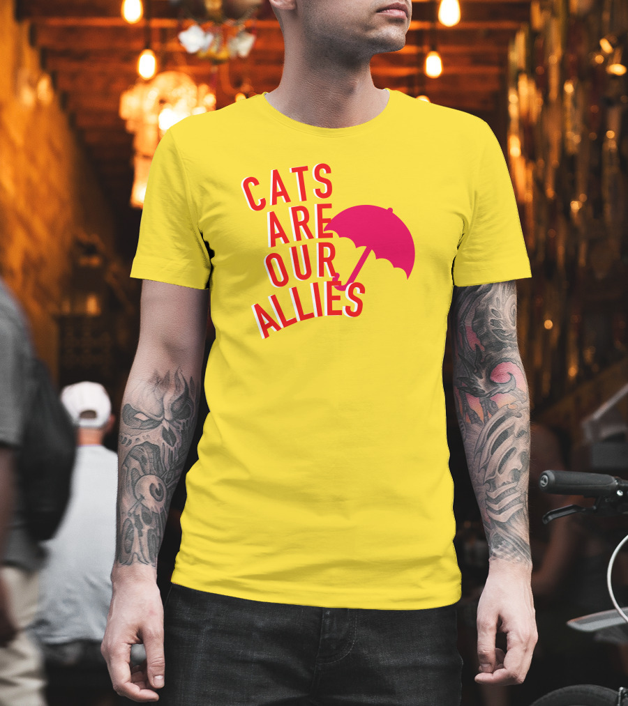 Jortsthecat Cats Are Our Allies Red Umbrella Yellow Background T-Shirt